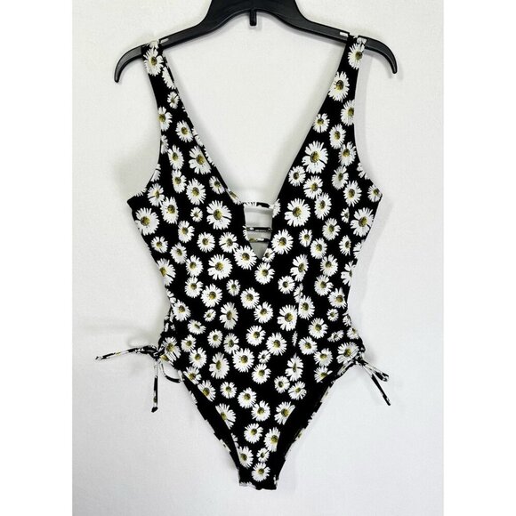 Ashley Graham One Piece Swimsuit Size 10 Black Daisy Floral A-List Plunge Ties - Picture 3 of 12